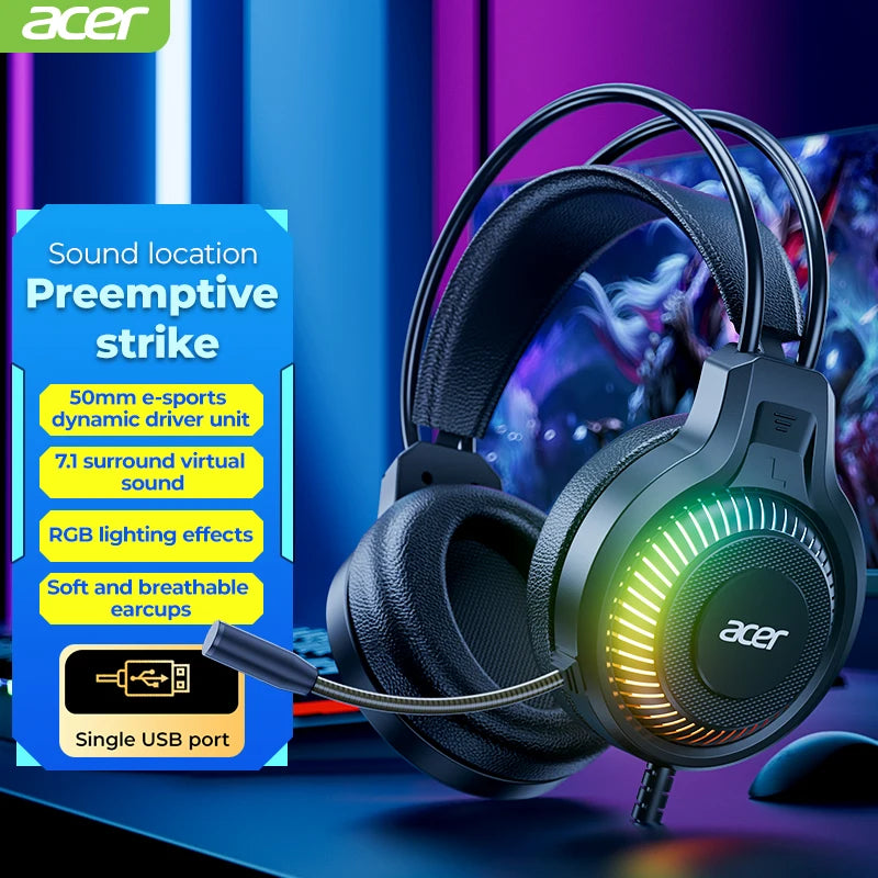 Écouteurs gaming RGB avec micro, vue de face avec éclairage
