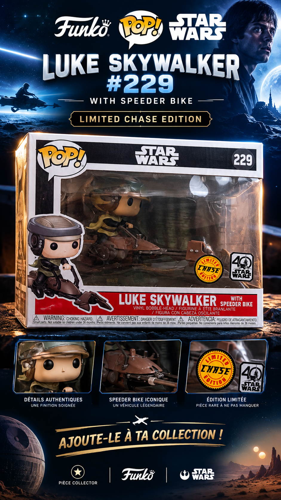 Funko Pop Star Wars 229 Luke Skywalker Speeder Bike CHASE 40e Anniversaire NEUF